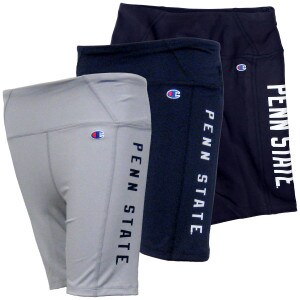 women's gray, navy, and navy blue biker shorts with Penn State down left leg